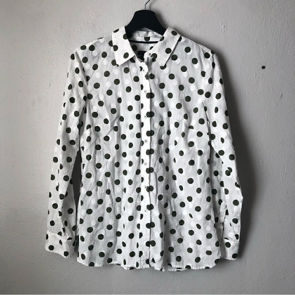 Talbots light weight button down green and white polka dot blouse size small